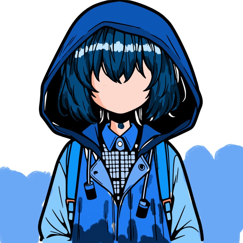 little anime girl in a raincoat her hair is covering her eyes she has a lighter