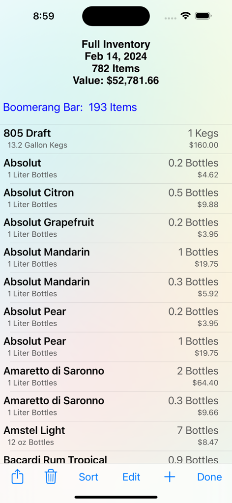 BarkeepApp mobile screen displaying a detailed liquor inventory list with item quantities and total dollar value.