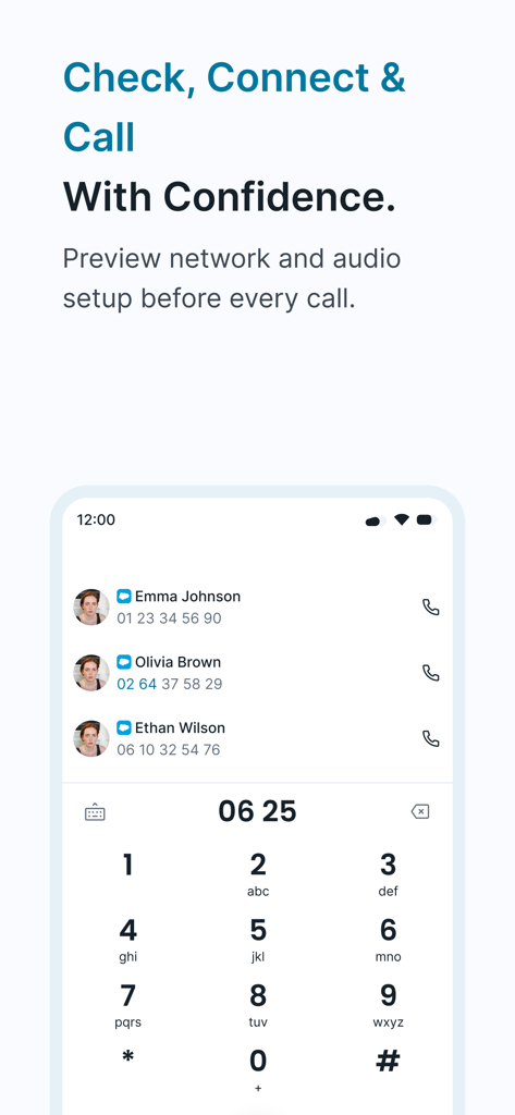 Ringover - Ringover mobile app dialer screen with recent contact list for professional calls