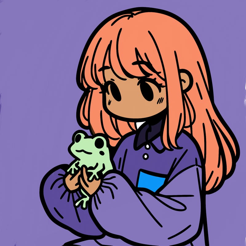 girl with long hair and a oversized shirt. and she is holding a frog