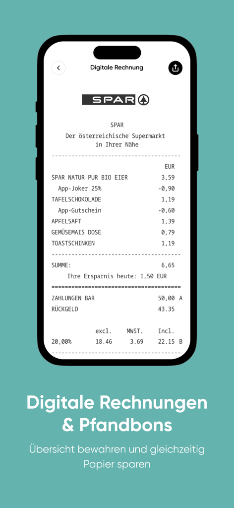 SPAR - Ein Smartphone-Bildschirm, der einen digitalen Einkaufsbeleg aus der SPAR App anzeigt