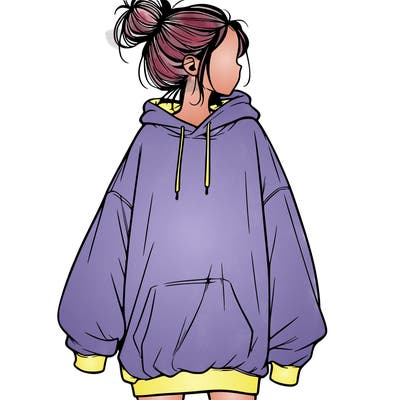 realistic girl with a oversized sweatshirt on and a bun