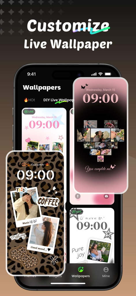iPhone lock screen showing various aesthetic live wallpaper designs and customization options