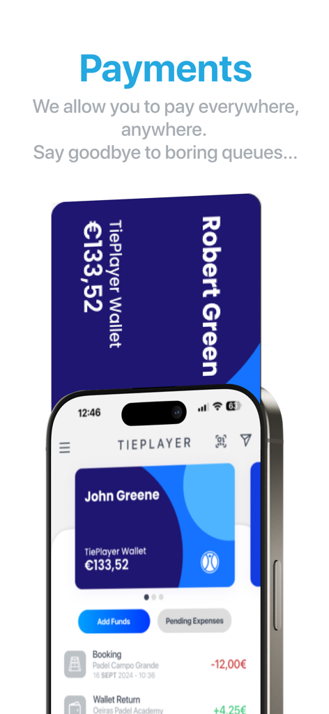 Portafoglio digitale dell'app TiePlayer per pagamenti di campi da padel e tennis