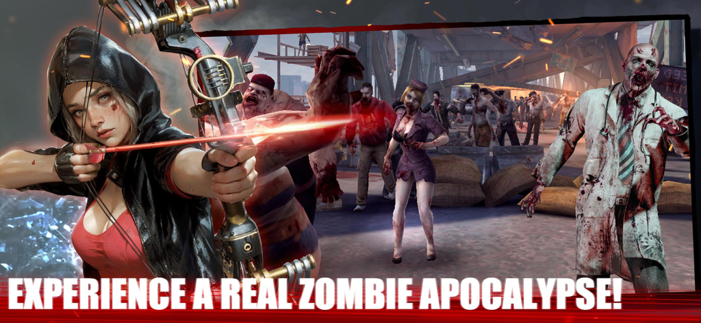 A female survivor aiming a bow at a horde of zombies in a post-apocalyptic city