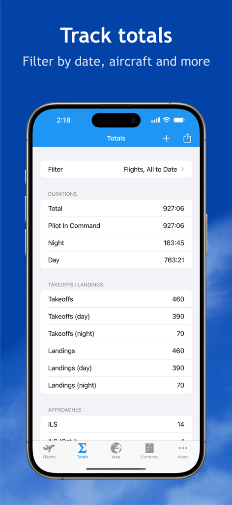 Smart Logbook app interface showing pilot flight hour totals and landing statistics