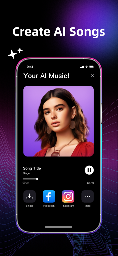 AI Remix: AI DJ&Song Generator - AI Remix app interface showing a music player with social media share buttons