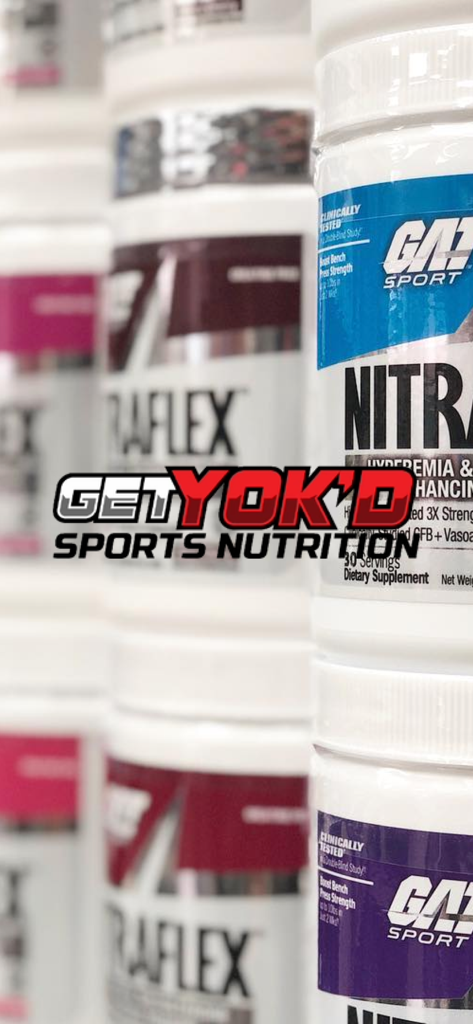 Get Yok'd - Get Yok'd Sports Nutrition logo over a stack of bodybuilding supplement tubs