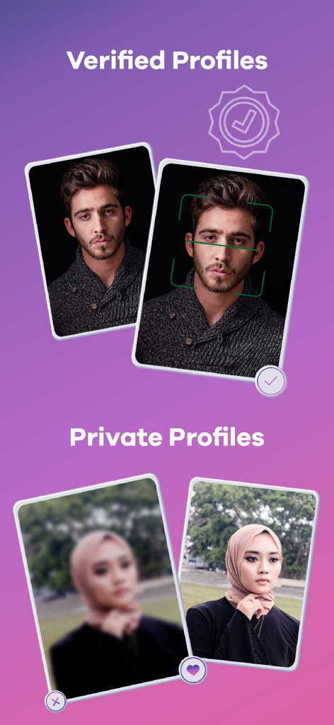 Proposal: Muslim Marriage - Screenshots of the Proposal app highlighting verified profiles and private blurred profile features for Muslim marriage seekers.