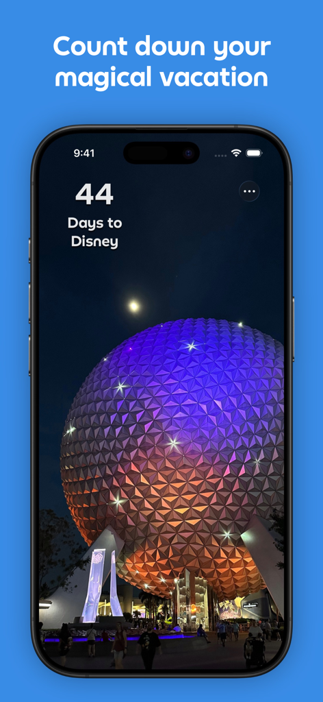 iPhone screen displaying a 44-day countdown to a Disney vacation with a background of Spaceship Earth at night