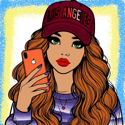 realistic beautiful girl wearing los ángeles cap holding an iphone