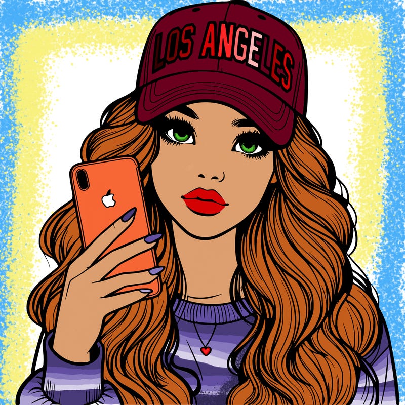 realistic beautiful girl wearing los ángeles cap holding an iphone