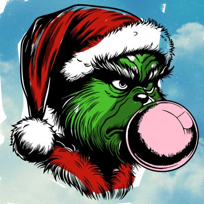 grinch wearing santa hat blowing bubble gum realistic