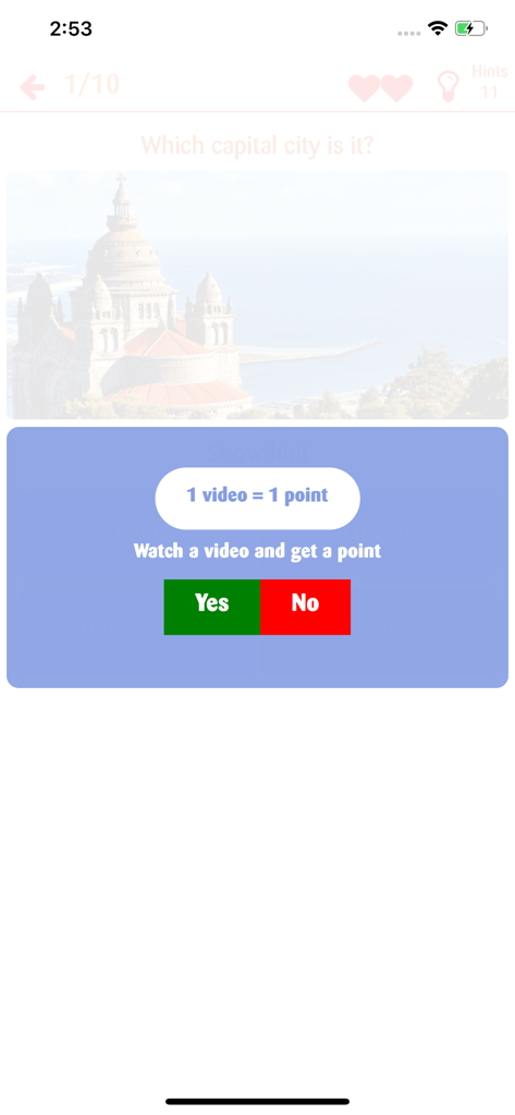 A screen from the Capitals Game app asking the user to watch a video for a point.