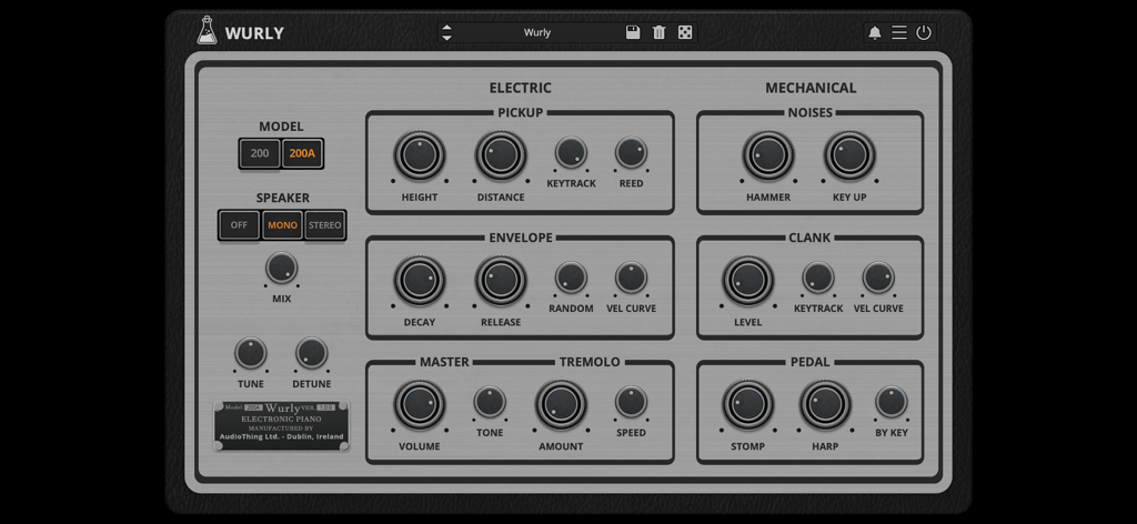Wurly - Electric Piano - AudioThing Wurly electric piano plugin interface with vintage sound controls