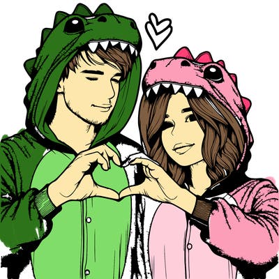 realistic couple wearing matching dinosaur onesies with heart hand gesture