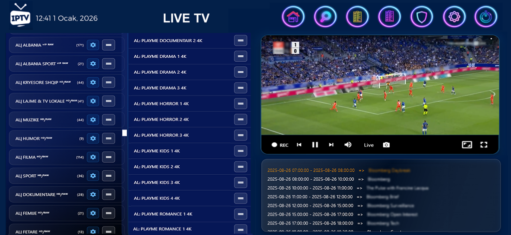 IPTV Smart Pro - Live TV - Oberfläche der IPTV Smart Pro-App mit einem Live-Fußballspiel und Programmführer.