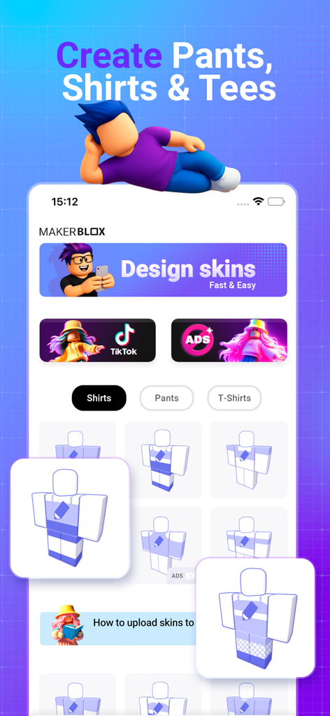 Makerblox app interface showing custom shirt and pants design templates for gaming avatars