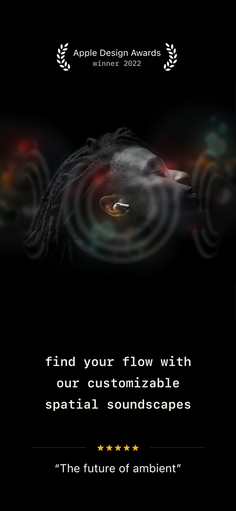 Odio - Spatial Soundscapes - Una persona con AirPods con ondas de audio espaciales y la insignia de ganador del Apple Design Award para Odio