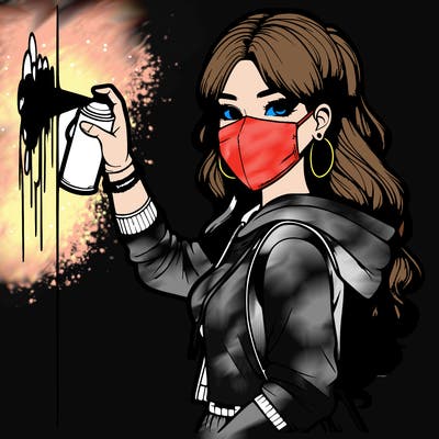 realistic girl with mask spray painting a wall