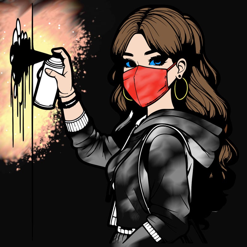 realistic girl with mask spray painting a wall