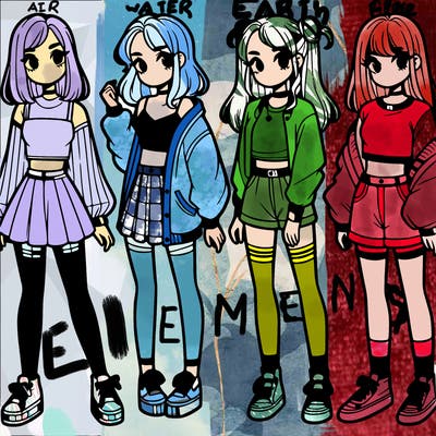 one girl with crop-top shirt and a jacket with a skirt, long socks and another girl with a shirt and pants with a jacket