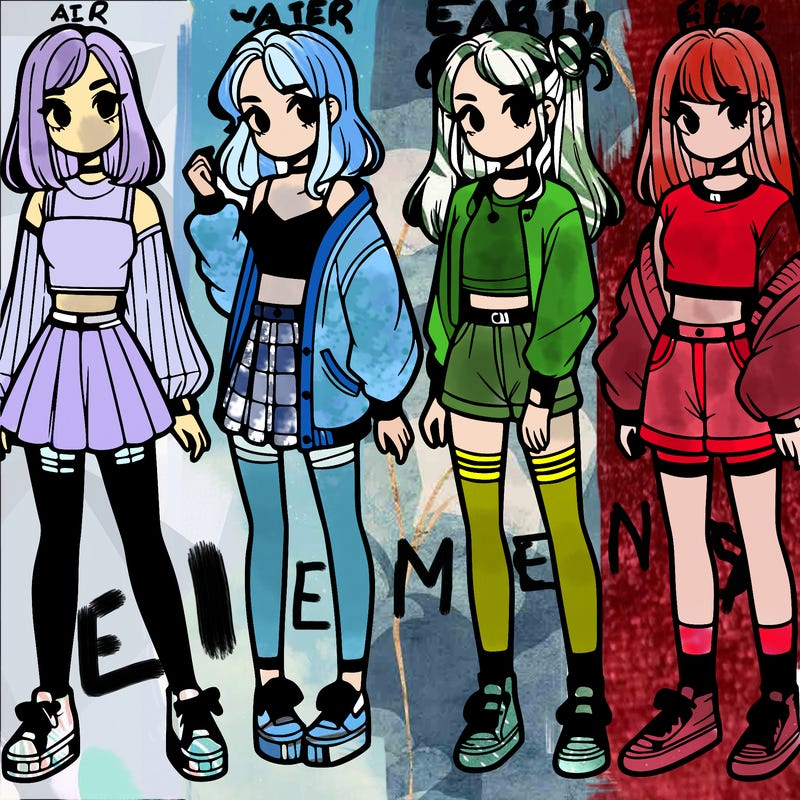 one girl with crop-top shirt and a jacket with a skirt, long socks and another girl with a shirt and pants with a jacket