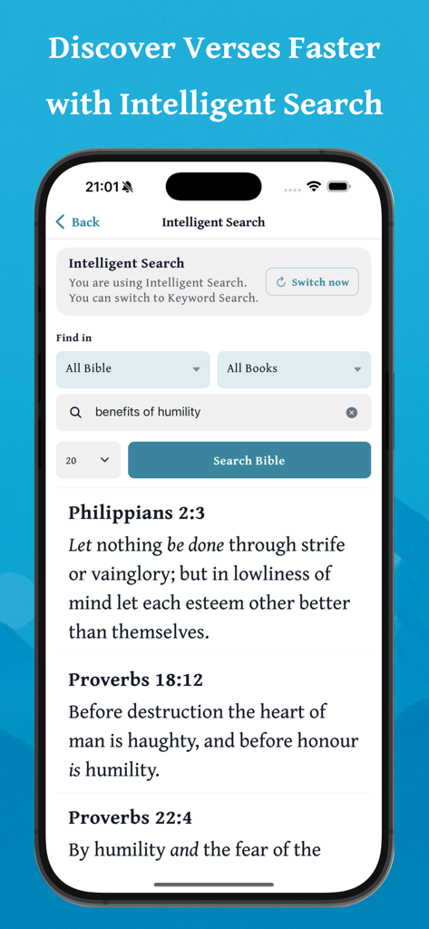 Daily Bible - Offline & Audio - Daily Bible app screen showing intelligent search results for Bible verses