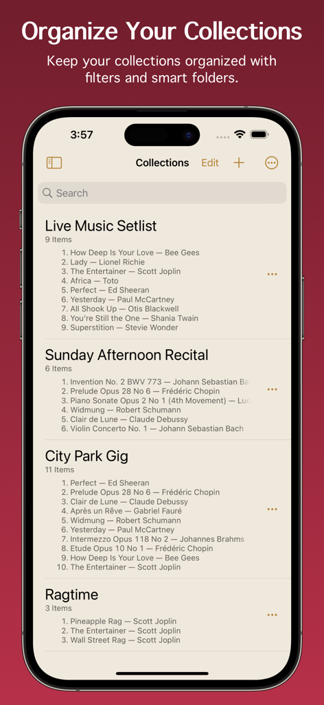 Organized music setlists and collections displayed in the Paperless Music app interface