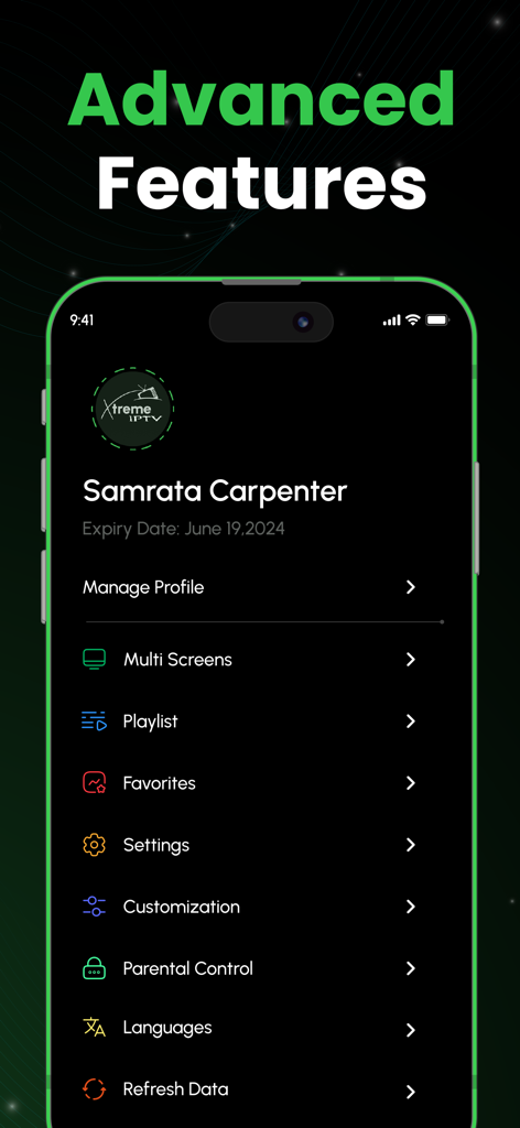 Flix: IPTV Smarters Player - Advanced features menu of the Flix IPTV Smarters Player app showing settings like multi screens and parental control