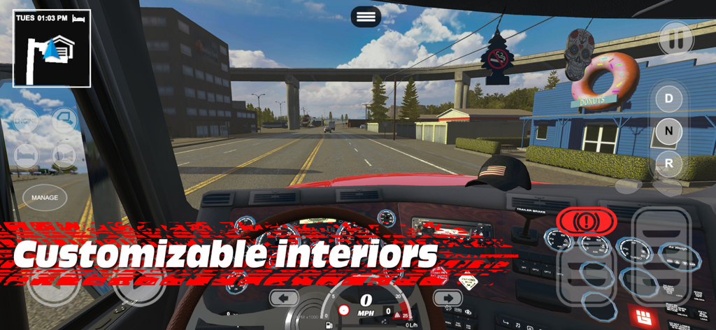 Ansicht aus der Egoperspektive eines anpassbaren LKW-Cockpits und Armaturenbretts in Truck Simulator PRO USA.