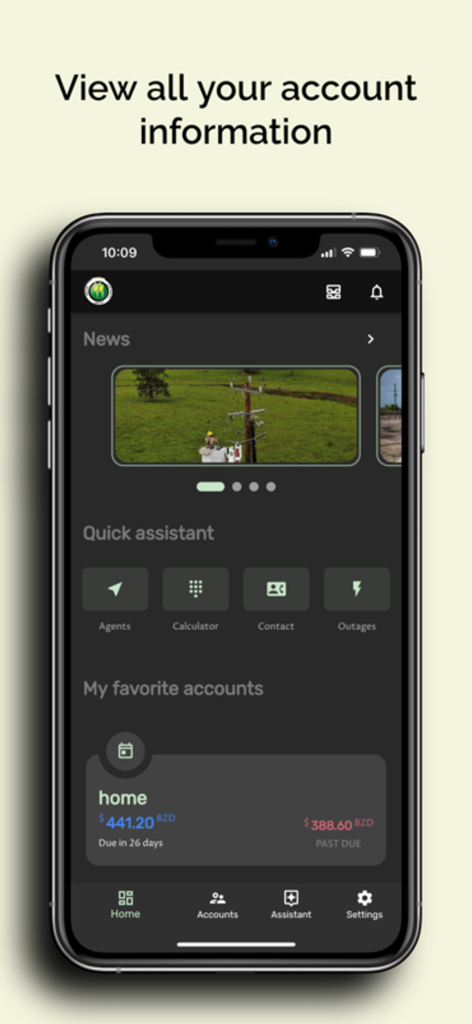 BEL 24-7 - Interface de l'application BEL 24-7 montrant les informations du compte d'électricité et les fonctions d'assistance rapide