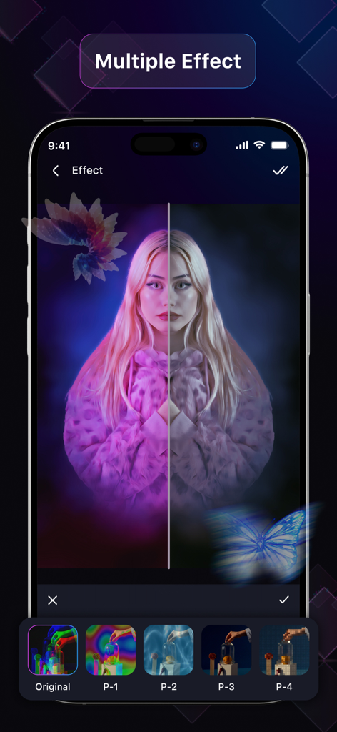 EasyCut : Video Editor & Maker - EasyCut app interface showing multiple aesthetic photo filters and effects applied to a portrait