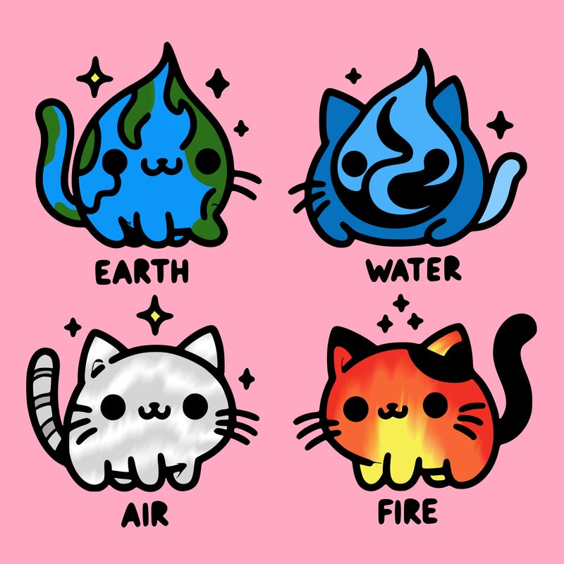 4 cats that represent the different elements, earth, water, air, and fire