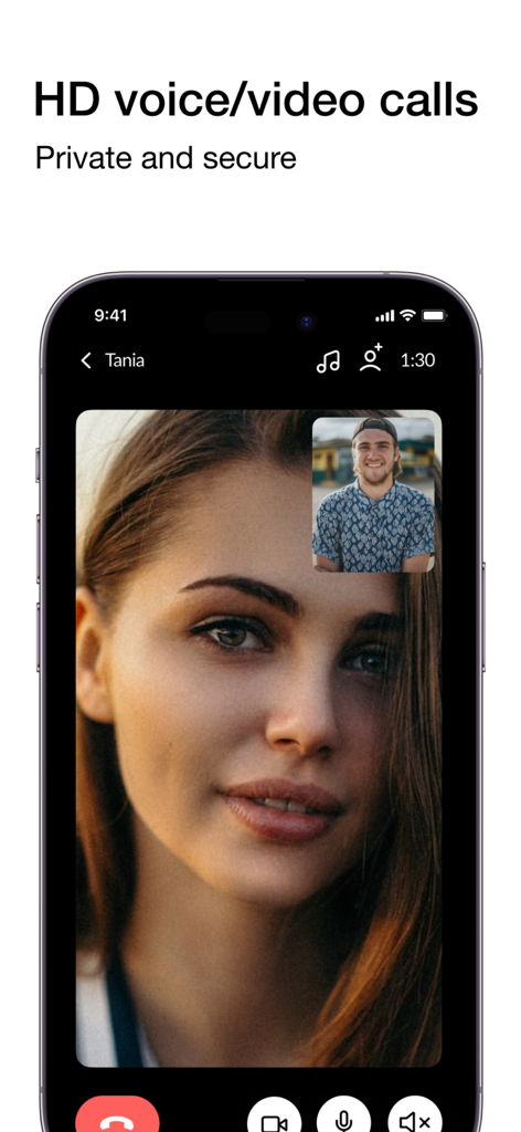Oberfläche eines privaten High-Definition-Videoanrufs auf twinme Messenger, die zwei Teilnehmer zeigt