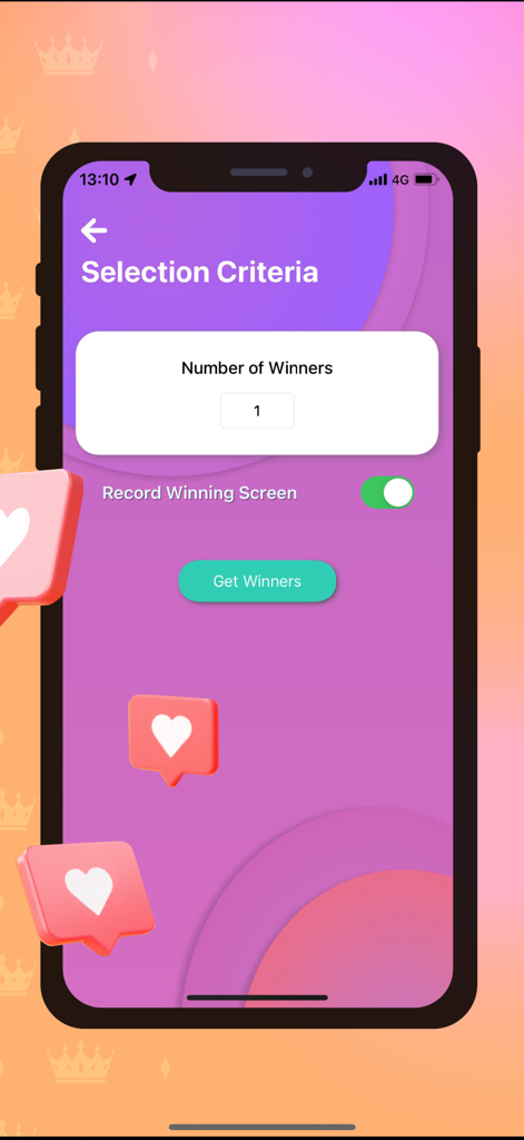 App screen showing selection criteria for Instagram giveaway winners with a record screen toggle