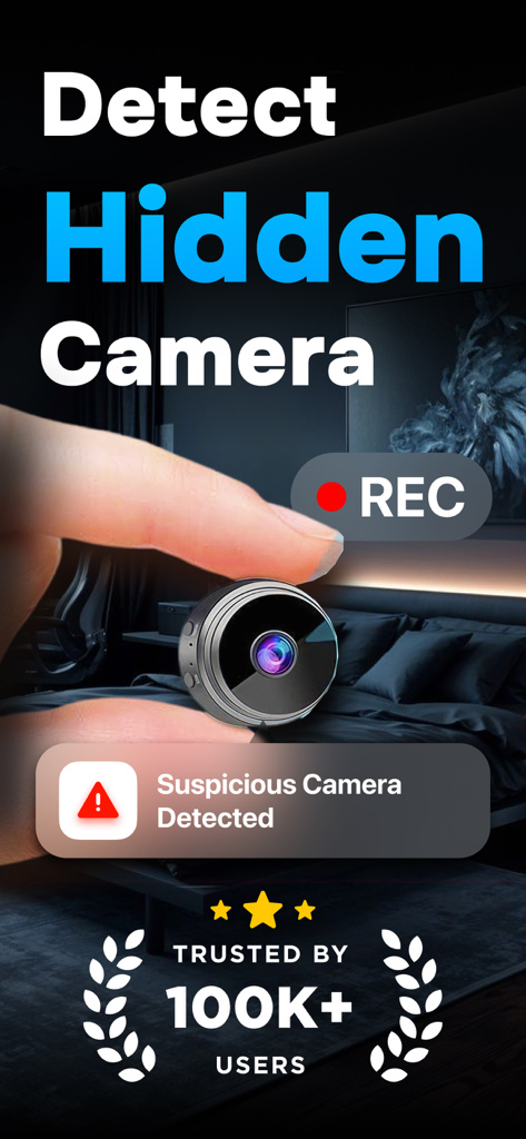Hidden Camera Finder: SpySense - Una pantalla de aplicación móvil que muestra una cámara oculta detectada en un dormitorio con una alerta de seguridad