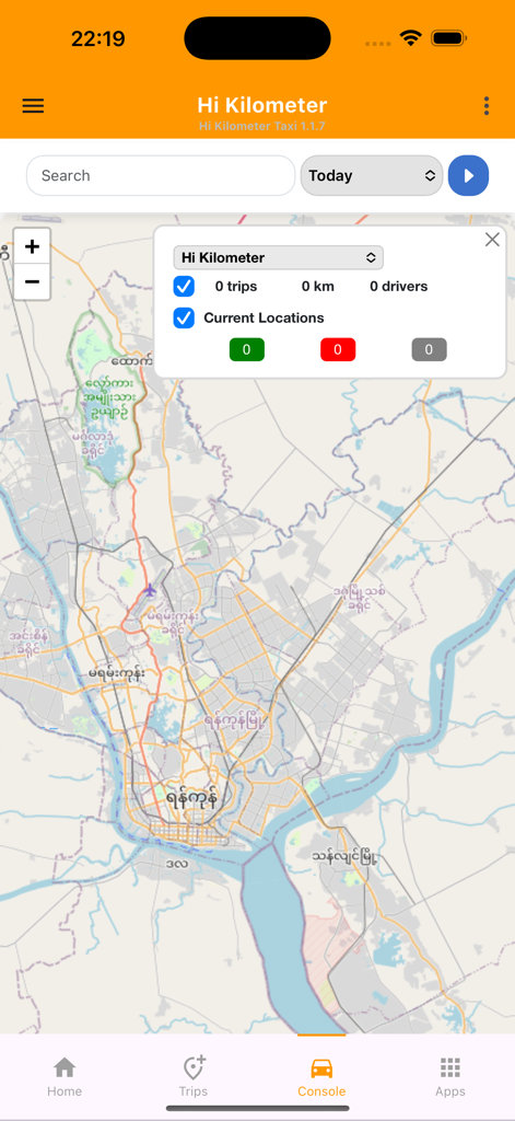 Hi Kilo Taxi - Console do aplicativo Hi Kilo Taxi mostrando um mapa e informações de viagem em tempo real