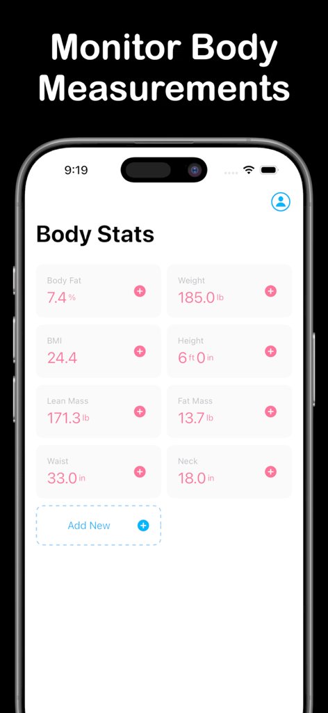 Body Stats: Body Tracking - The Body Stats app interface displaying body composition metrics including body fat percentage weight and lean mass on an iPhone