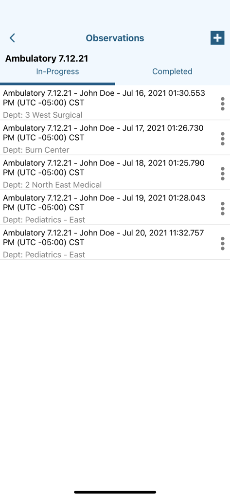 JCI AMP - List of in-progress healthcare tracer observations in the JCI AMP app sorted by department and date.