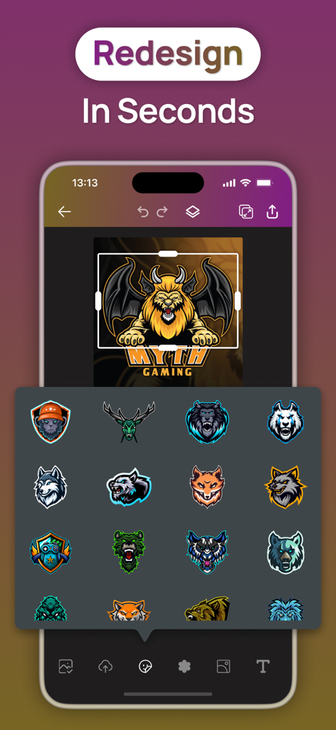 Mobile app interface for redesigning esports logos featuring a lion mascot and a library of animal icons