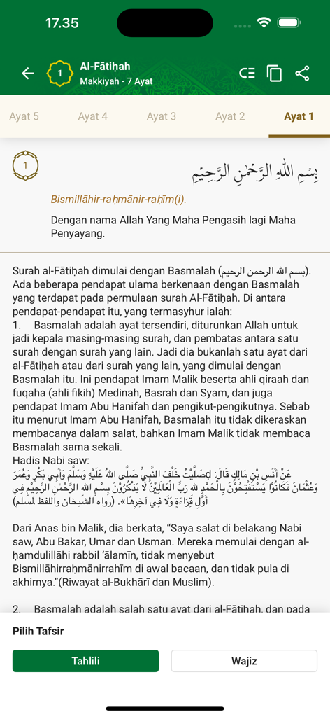 Quran Kemenag app screen showing Surah Al-Fatihah with Arabic text, Indonesian translation, and tafsir selection options.