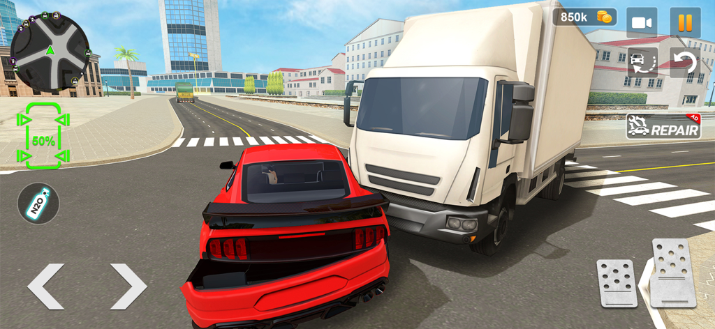 Rash Drive Car Crash Simulator - Roter Sportwagen kracht in einen weißen LKW im Rash Drive Autounfall-Simulator.