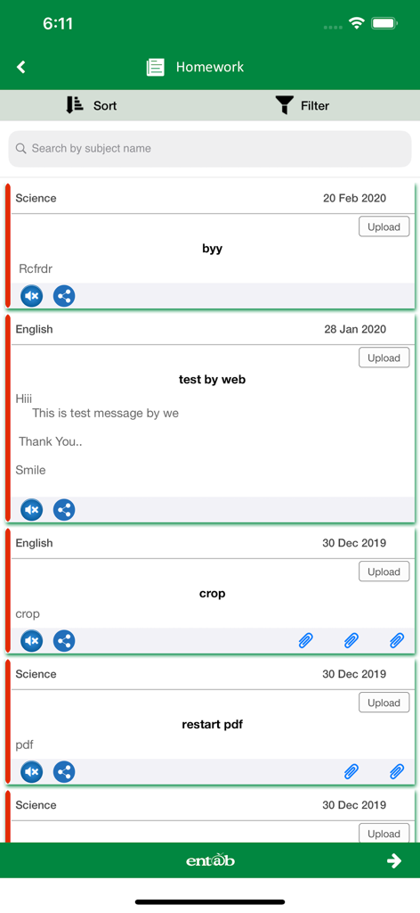 CampusCare - CampusCare mobile app screen showing a list of school homework assignments with sort and filter options.