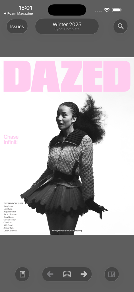 Dazed Magazine - Captura de pantalla de la aplicación Dazed Magazine que muestra la portada del número de invierno de 2025 con Chase Infiniti.
