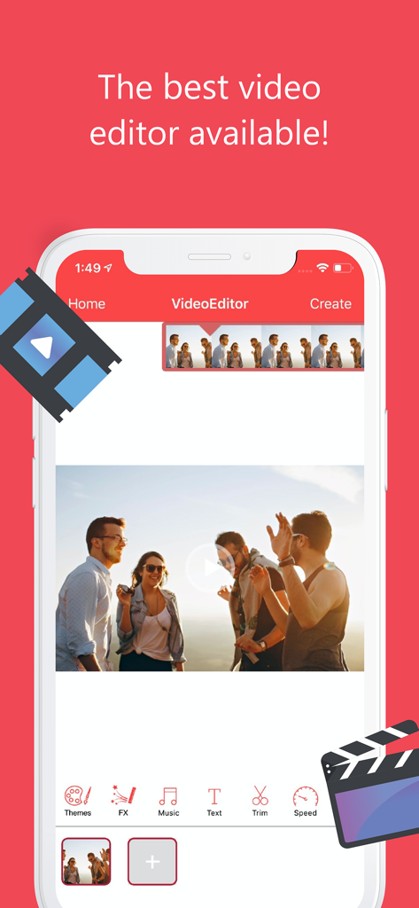 Benutzeroberfläche der Slow Motion Video Editor SLOMO App mit Videobearbeitungstools und einer Timeline für Social-Media-Creator.