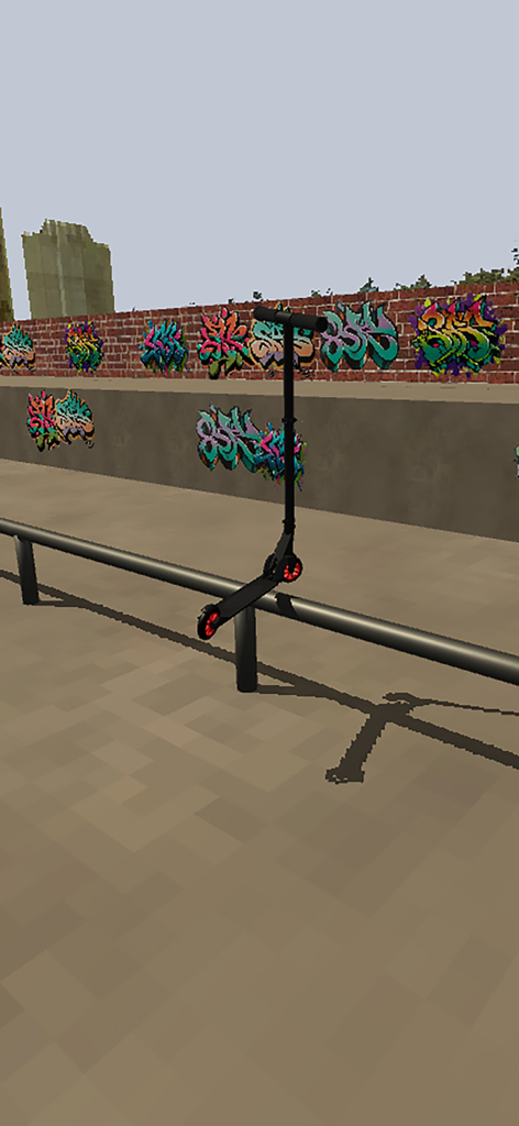 A black stunt scooter performing a rail grind trick in a skatepark with colorful graffiti walls