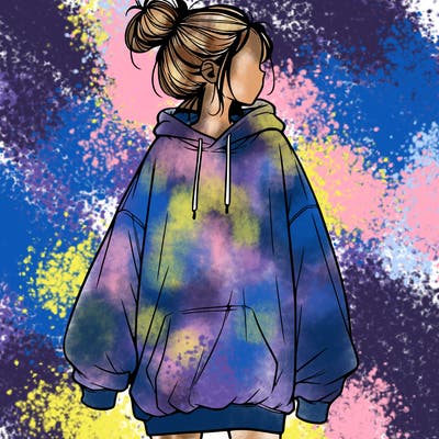 realistic girl with a oversized sweatshirt on and a bun