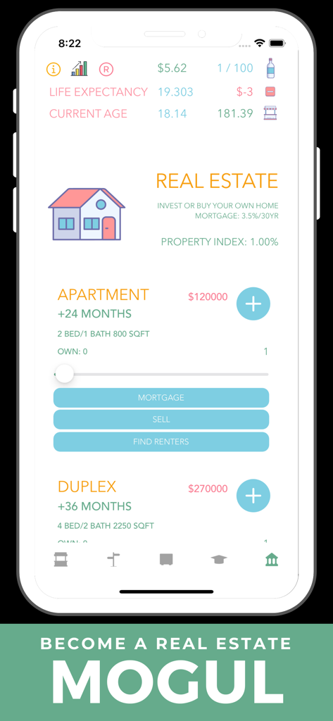 Real estate investment menu in the Hobo Real Life Simulator game interface.