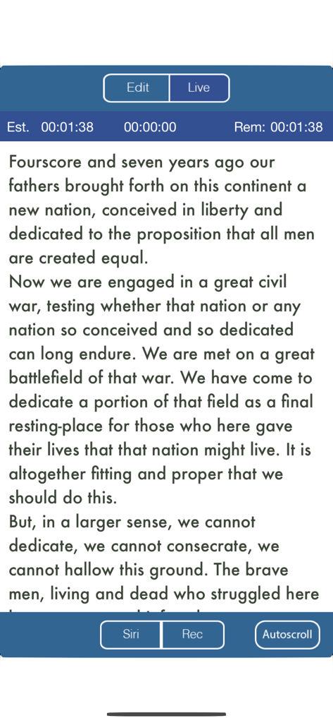 Vue prompteur de l'application SpeechMaker montrant le texte du discours avec des fonctions de minutage et d'enregistrement.